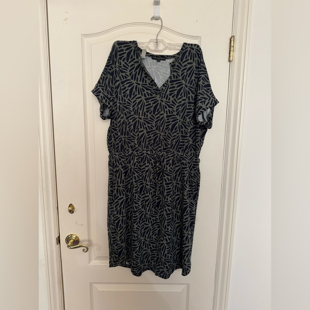 Banana Republic Womens Short Sleeve Dress Size L Blue Green Drawstring pockets